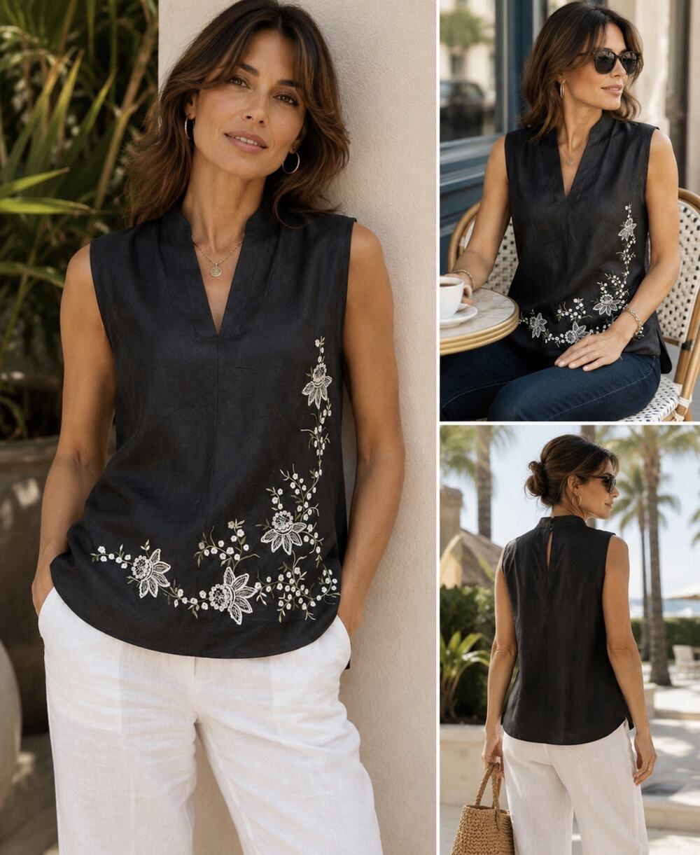 JENNIFER EDEN Women's Ramie Rayon Tank Top Embroidered Lined Floral Black Sz 10